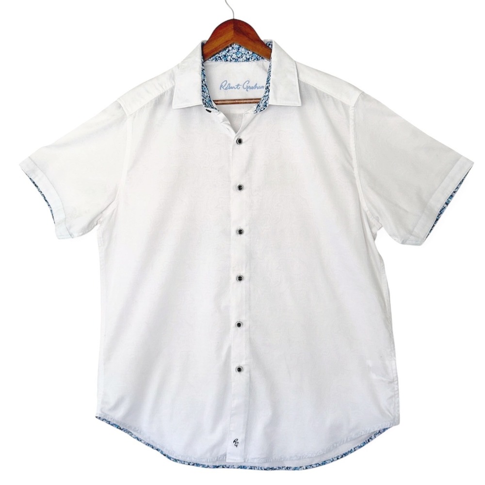 Robert Graham Mens White Paisley Jacquard Short Sleeve Button Down Shirt Size L